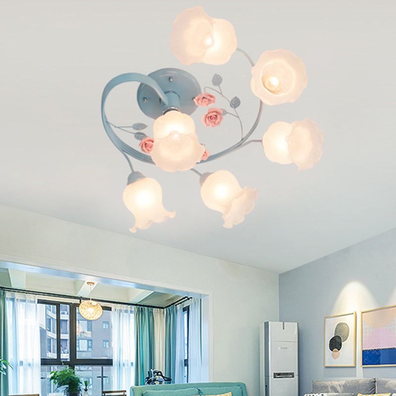 Ivory Glass Spiral Ceiling Lighting Pastoral 6 Heads Living Room Semi Flush Mount Light Fixture in Blue/Pink Clearhalo 'Ceiling Lights' 'Chandeliers' 'Close To Ceiling Lights' 'Close to ceiling' 'Glass shade' 'Glass' 'Semi-flushmount' Lighting' 325426
