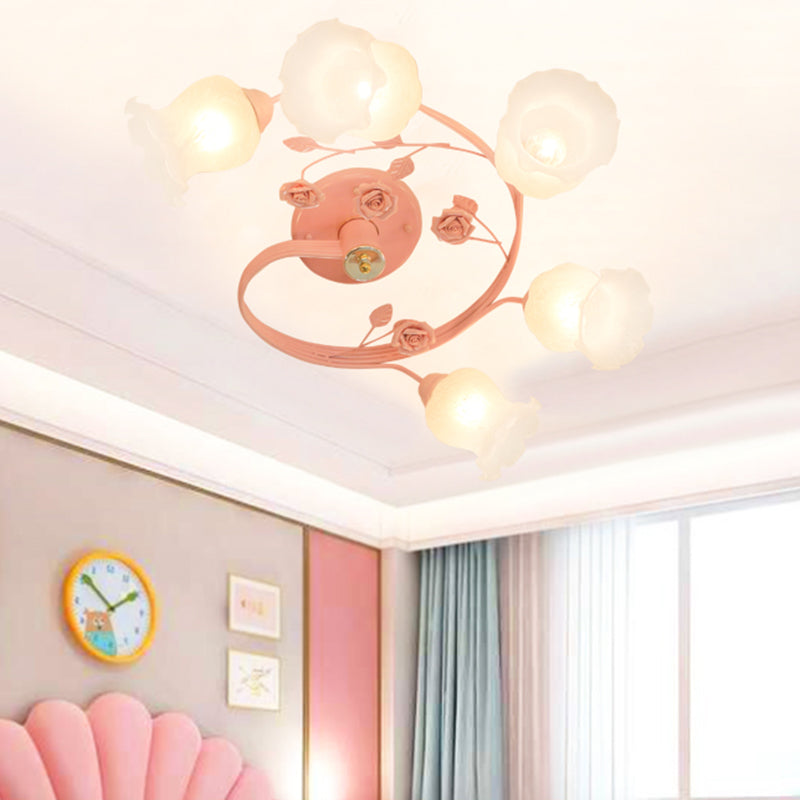 Ivory Glass Spiral Ceiling Lighting Pastoral 6 Heads Living Room Semi Flush Mount Light Fixture in Blue/Pink Pink Clearhalo 'Ceiling Lights' 'Chandeliers' 'Close To Ceiling Lights' 'Close to ceiling' 'Glass shade' 'Glass' 'Semi-flushmount' Lighting' 325429