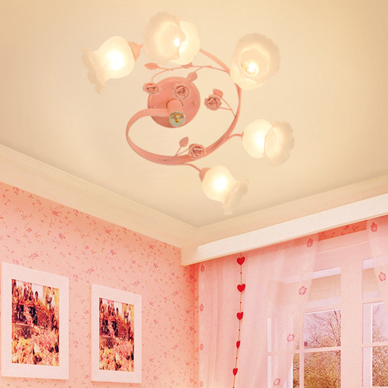 Ivory Glass Spiral Ceiling Lighting Pastoral 6 Heads Living Room Semi Flush Mount Light Fixture in Blue/Pink Clearhalo 'Ceiling Lights' 'Chandeliers' 'Close To Ceiling Lights' 'Close to ceiling' 'Glass shade' 'Glass' 'Semi-flushmount' Lighting' 325430