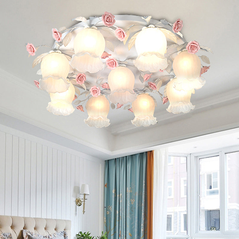 White Glass Rose Ceiling Lighting Countryside 9 Heads Living Room Flush Mount Fixture Clearhalo 'Ceiling Lights' 'Close To Ceiling Lights' 'Close to ceiling' 'Flush mount' Lighting' 325490