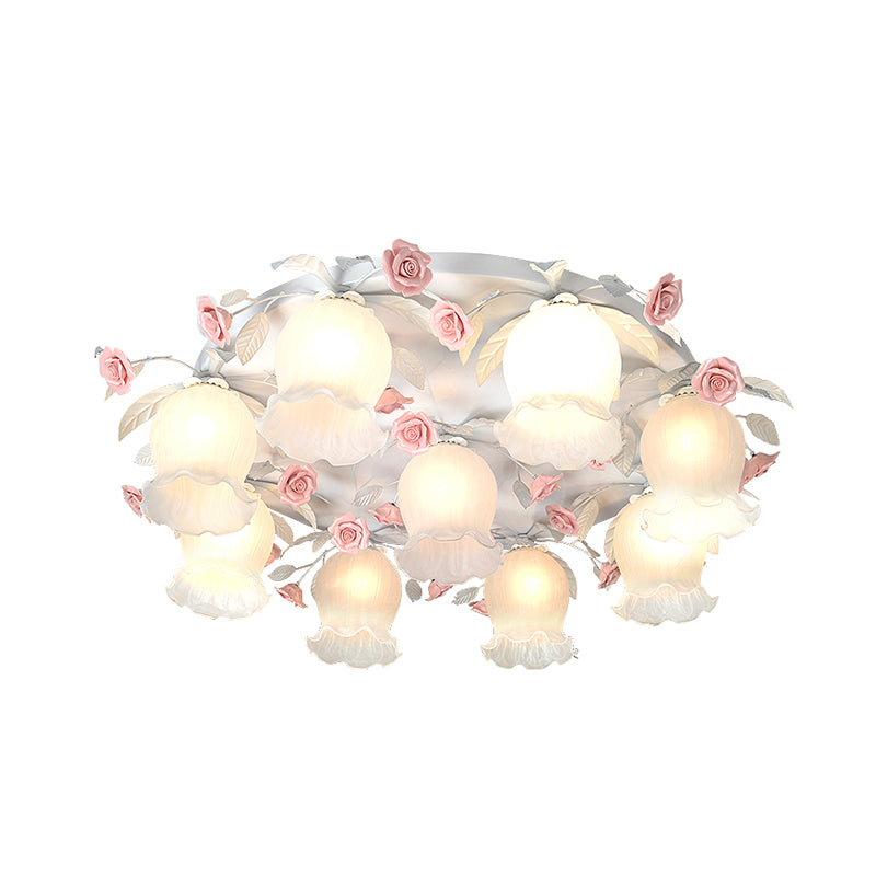 White Glass Rose Ceiling Lighting Countryside 9 Heads Living Room Flush Mount Fixture Clearhalo 'Ceiling Lights' 'Close To Ceiling Lights' 'Close to ceiling' 'Flush mount' Lighting' 325491