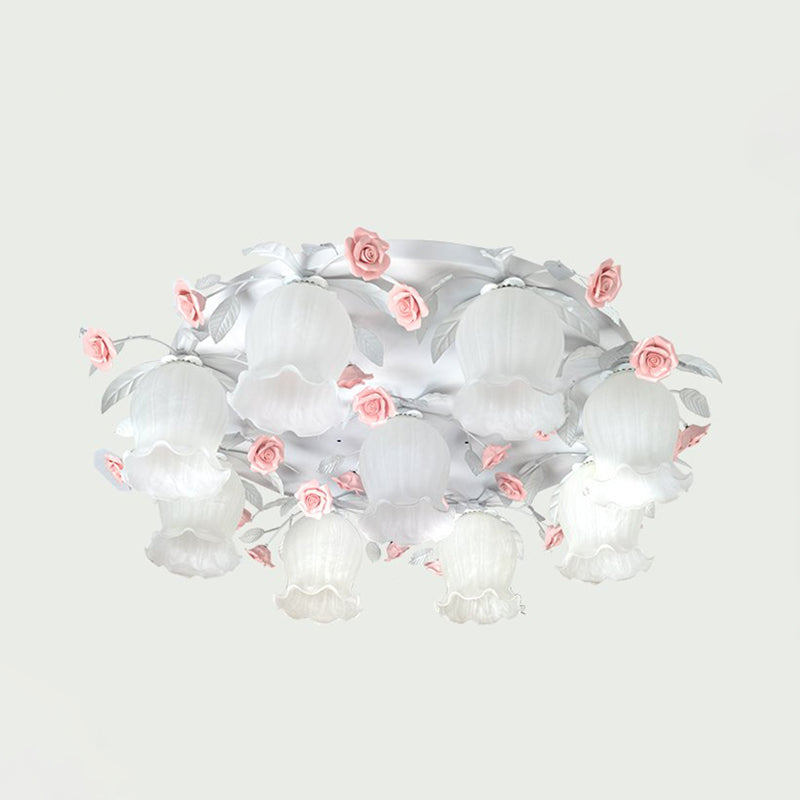 White Glass Rose Ceiling Lighting Countryside 9 Heads Living Room Flush Mount Fixture Clearhalo 'Ceiling Lights' 'Close To Ceiling Lights' 'Close to ceiling' 'Flush mount' Lighting' 325492