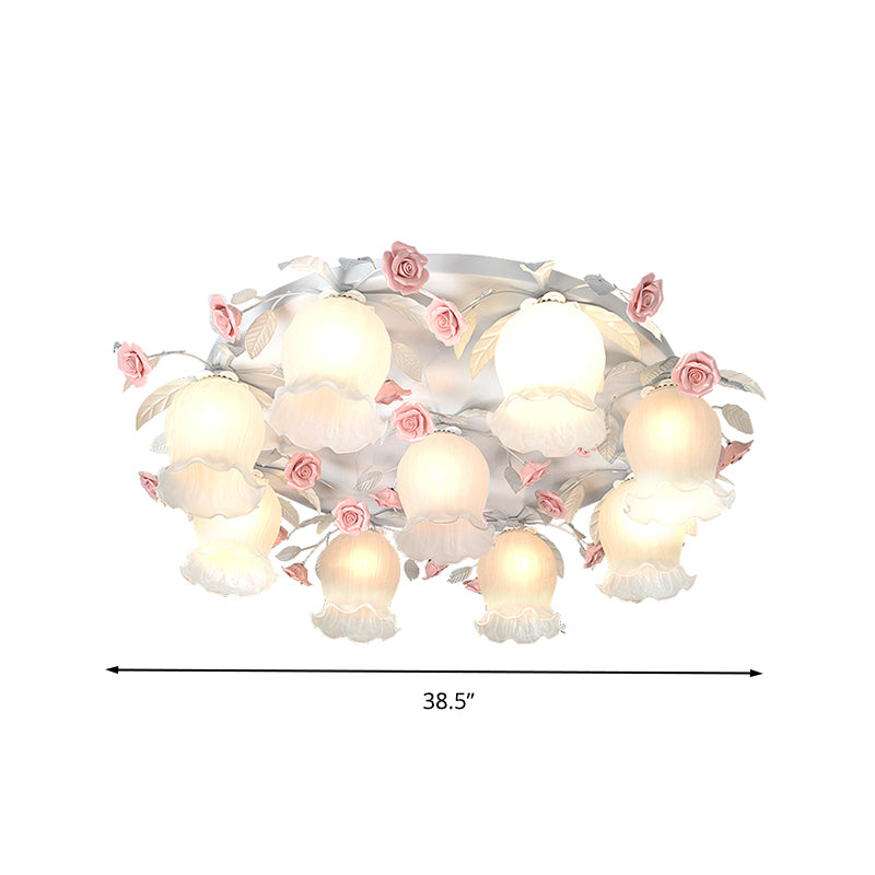 White Glass Rose Ceiling Lighting Countryside 9 Heads Living Room Flush Mount Fixture Clearhalo 'Ceiling Lights' 'Close To Ceiling Lights' 'Close to ceiling' 'Flush mount' Lighting' 325493