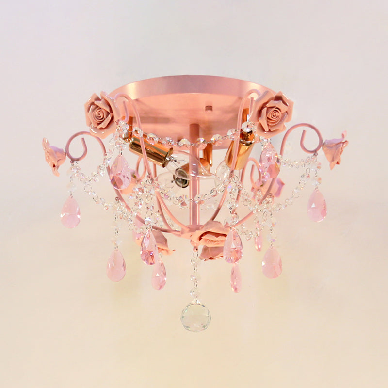 3 Heads Crystal Flush Mount Pastoral Pink Expose Bulb Bedroom Close to Ceiling Lighting Pink Clearhalo 'Ceiling Lights' 'Close To Ceiling Lights' 'Close to ceiling' 'Flush mount' Lighting' 325509