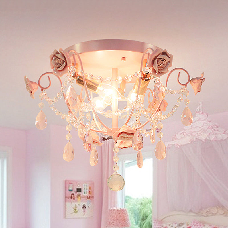 3 Heads Crystal Flush Mount Pastoral Pink Expose Bulb Bedroom Close to Ceiling Lighting Clearhalo 'Ceiling Lights' 'Close To Ceiling Lights' 'Close to ceiling' 'Flush mount' Lighting' 325510