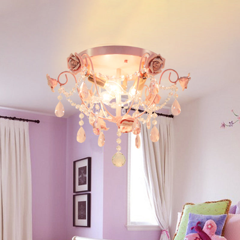 3 Heads Crystal Flush Mount Pastoral Pink Expose Bulb Bedroom Close to Ceiling Lighting Clearhalo 'Ceiling Lights' 'Close To Ceiling Lights' 'Close to ceiling' 'Flush mount' Lighting' 325511