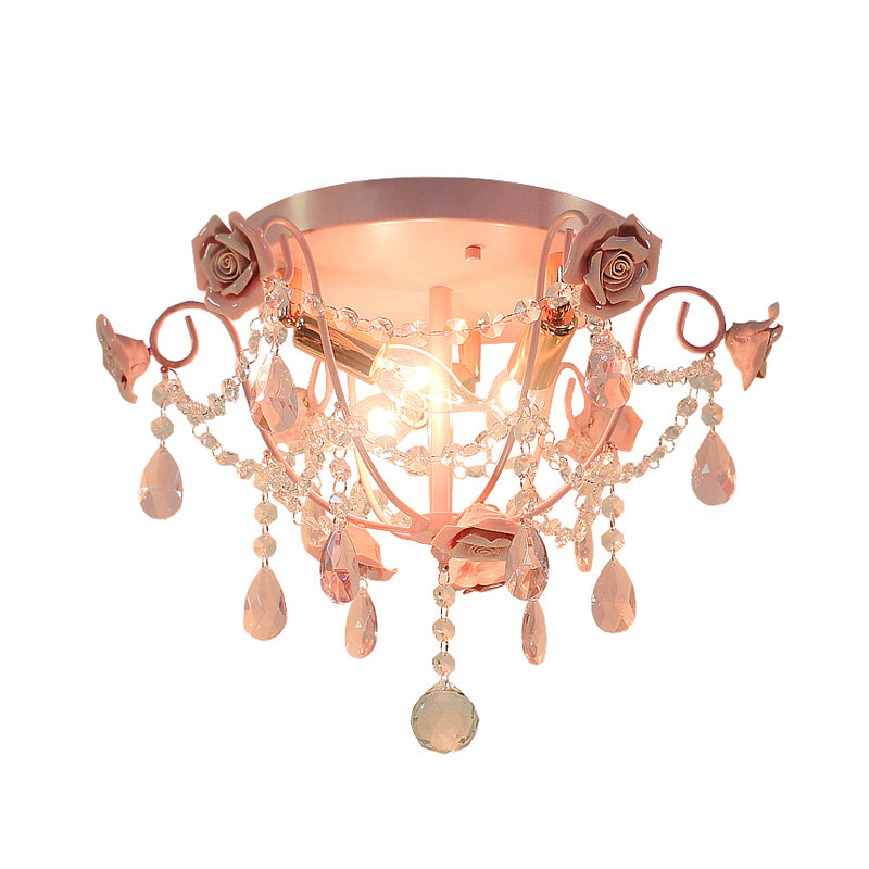 3 Heads Crystal Flush Mount Pastoral Pink Expose Bulb Bedroom Close to Ceiling Lighting Clearhalo 'Ceiling Lights' 'Close To Ceiling Lights' 'Close to ceiling' 'Flush mount' Lighting' 325512