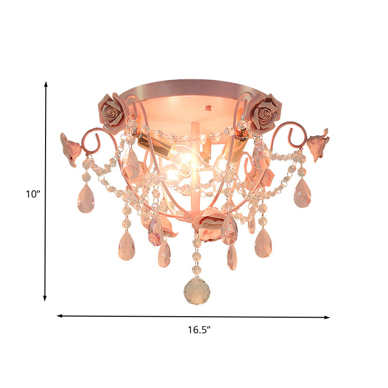 3 Heads Crystal Flush Mount Pastoral Pink Expose Bulb Bedroom Close to Ceiling Lighting Clearhalo 'Ceiling Lights' 'Close To Ceiling Lights' 'Close to ceiling' 'Flush mount' Lighting' 325513