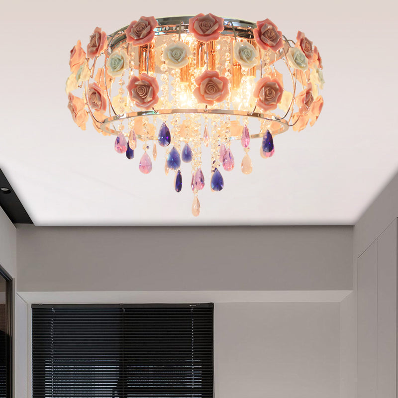 Drum Bedroom Flush Mount Light Traditional Clear K9 Crystal 6/8 Bulbs Pink Close to Ceiling Lamp 6 Pink Clearhalo 'Ceiling Lights' 'Close To Ceiling Lights' 'Close to ceiling' 'Flush mount' Lighting' 325543
