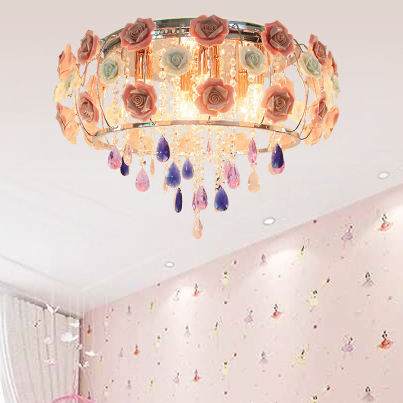 Drum Bedroom Flush Mount Light Traditional Clear K9 Crystal 6/8 Bulbs Pink Close to Ceiling Lamp Clearhalo 'Ceiling Lights' 'Close To Ceiling Lights' 'Close to ceiling' 'Flush mount' Lighting' 325544