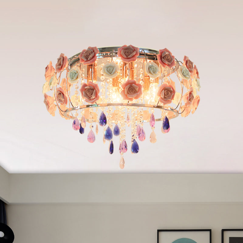 Drum Bedroom Flush Mount Light Traditional Clear K9 Crystal 6/8 Bulbs Pink Close to Ceiling Lamp Clearhalo 'Ceiling Lights' 'Close To Ceiling Lights' 'Close to ceiling' 'Flush mount' Lighting' 325545