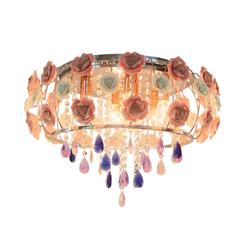 Drum Bedroom Flush Mount Light Traditional Clear K9 Crystal 6/8 Bulbs Pink Close to Ceiling Lamp Clearhalo 'Ceiling Lights' 'Close To Ceiling Lights' 'Close to ceiling' 'Flush mount' Lighting' 325546