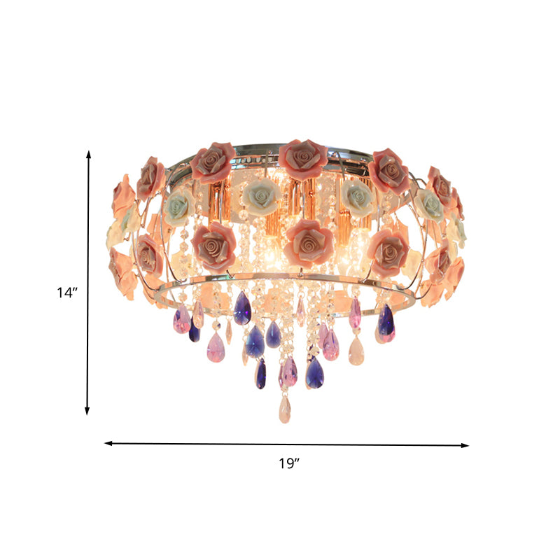 Drum Bedroom Flush Mount Light Traditional Clear K9 Crystal 6/8 Bulbs Pink Close to Ceiling Lamp Clearhalo 'Ceiling Lights' 'Close To Ceiling Lights' 'Close to ceiling' 'Flush mount' Lighting' 325547