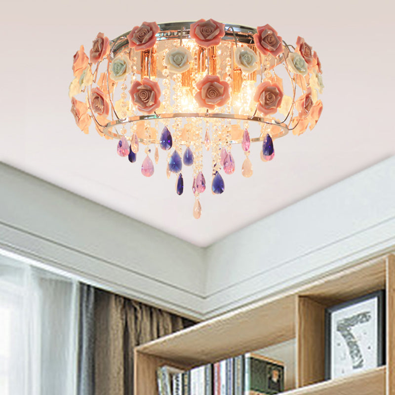 Drum Bedroom Flush Mount Light Traditional Clear K9 Crystal 6/8 Bulbs Pink Close to Ceiling Lamp 8 Pink Clearhalo 'Ceiling Lights' 'Close To Ceiling Lights' 'Close to ceiling' 'Flush mount' Lighting' 325548