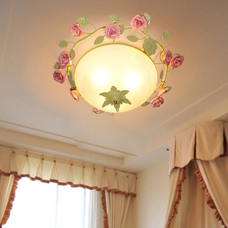 19"/23" W Green 3 Lights Flush Mount Country Style Frosted Glass Bowl Ceiling Mounted Light for Living Room Clearhalo 'Ceiling Lights' 'Close To Ceiling Lights' 'Close to ceiling' 'Flush mount' Lighting' 325563