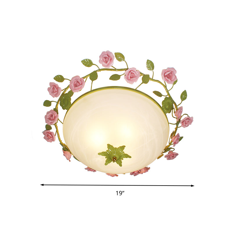 19"/23" W Green 3 Lights Flush Mount Country Style Frosted Glass Bowl Ceiling Mounted Light for Living Room Clearhalo 'Ceiling Lights' 'Close To Ceiling Lights' 'Close to ceiling' 'Flush mount' Lighting' 325565