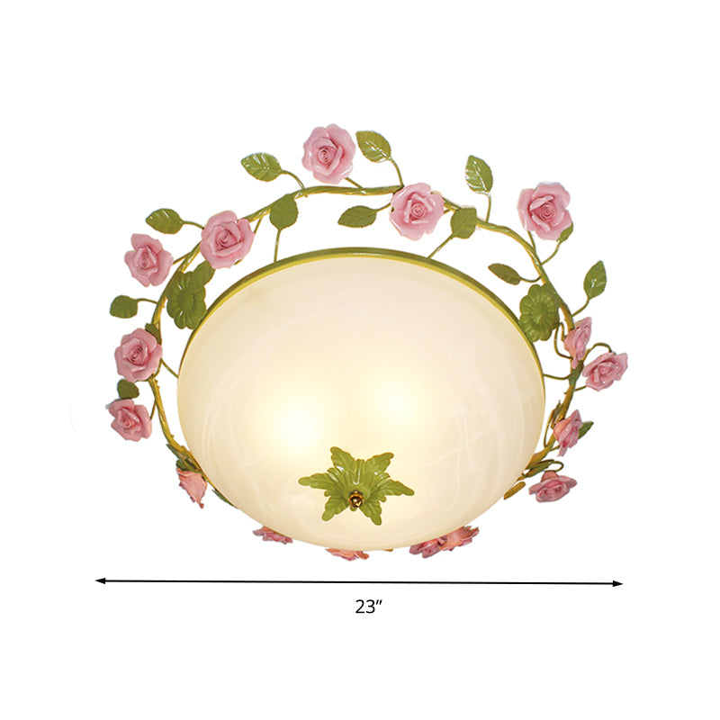 19"/23" W Green 3 Lights Flush Mount Country Style Frosted Glass Bowl Ceiling Mounted Light for Living Room Clearhalo 'Ceiling Lights' 'Close To Ceiling Lights' 'Close to ceiling' 'Flush mount' Lighting' 325566