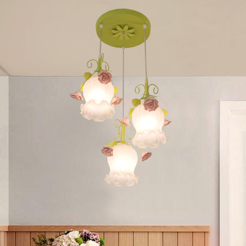 Flower Restaurant Cluster Pendant Light Countryside Opal Glass 3 Heads White/Green Hanging Lamp Green Clearhalo 'Ceiling Lights' 'Glass shade' 'Glass' 'Pendant Lights' 'Pendants' Lighting' 325580