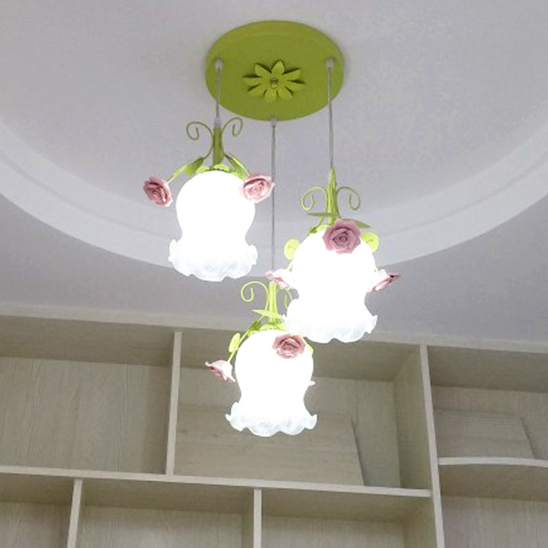 Flower Restaurant Cluster Pendant Light Countryside Opal Glass 3 Heads White/Green Hanging Lamp Clearhalo 'Ceiling Lights' 'Glass shade' 'Glass' 'Pendant Lights' 'Pendants' Lighting' 325581