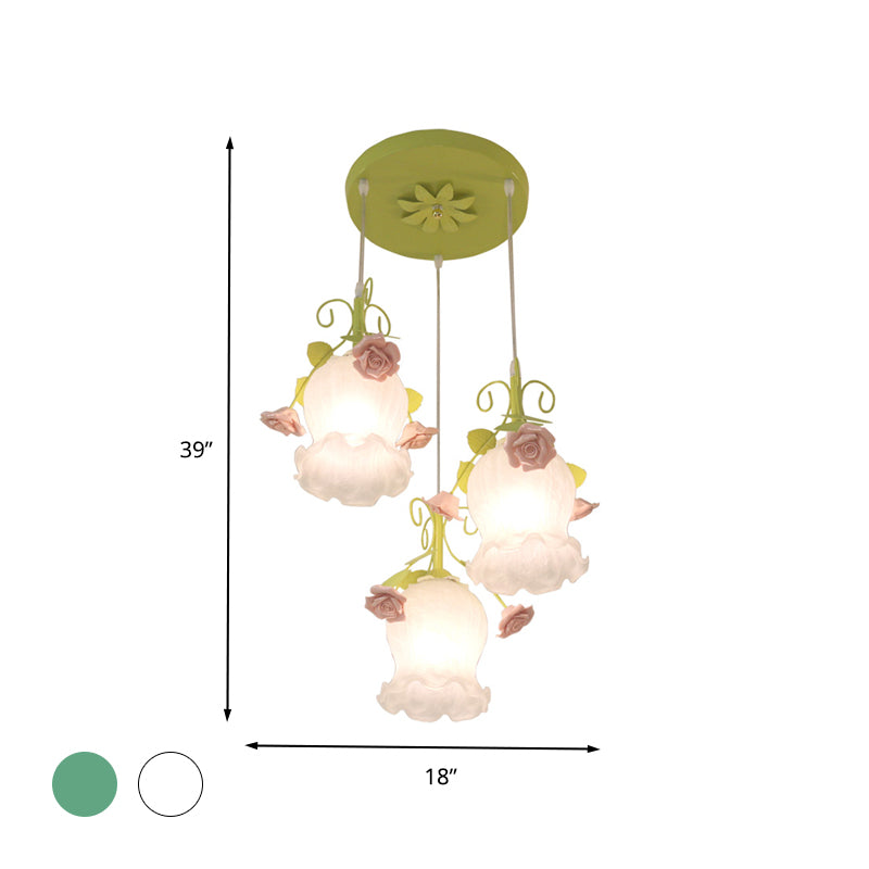 Flower Restaurant Cluster Pendant Light Countryside Opal Glass 3 Heads White/Green Hanging Lamp Clearhalo 'Ceiling Lights' 'Glass shade' 'Glass' 'Pendant Lights' 'Pendants' Lighting' 325584