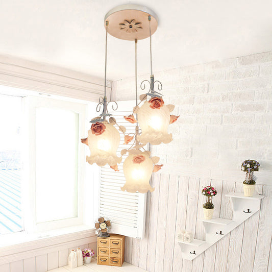 Flower Restaurant Cluster Pendant Light Countryside Opal Glass 3 Heads White/Green Hanging Lamp White Clearhalo 'Ceiling Lights' 'Glass shade' 'Glass' 'Pendant Lights' 'Pendants' Lighting' 325585