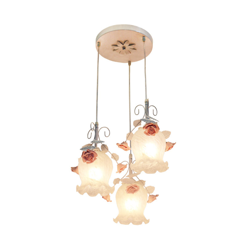 Flower Restaurant Cluster Pendant Light Countryside Opal Glass 3 Heads White/Green Hanging Lamp Clearhalo 'Ceiling Lights' 'Glass shade' 'Glass' 'Pendant Lights' 'Pendants' Lighting' 325586