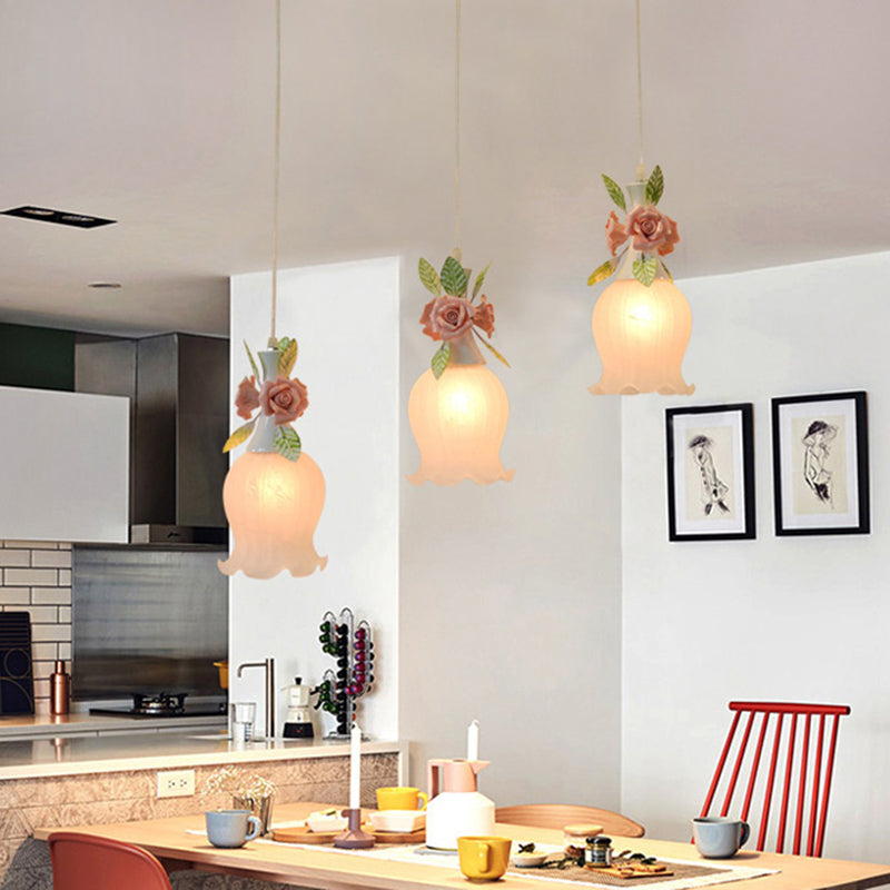 3 Bulbs Scalloped Cluster Pendant Traditionalism Frosted White Glass Hanging Light Fixture White Clearhalo 'Ceiling Lights' 'Glass shade' 'Glass' 'Pendant Lights' 'Pendants' Lighting' 325592