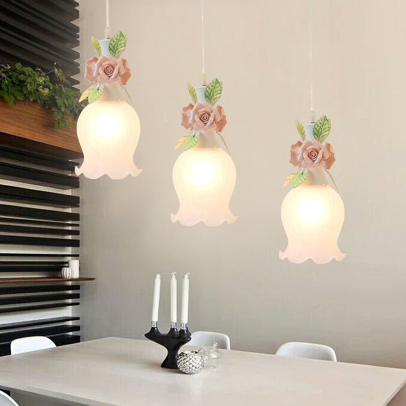 3 Bulbs Scalloped Cluster Pendant Traditionalism Frosted White Glass Hanging Light Fixture Clearhalo 'Ceiling Lights' 'Glass shade' 'Glass' 'Pendant Lights' 'Pendants' Lighting' 325593