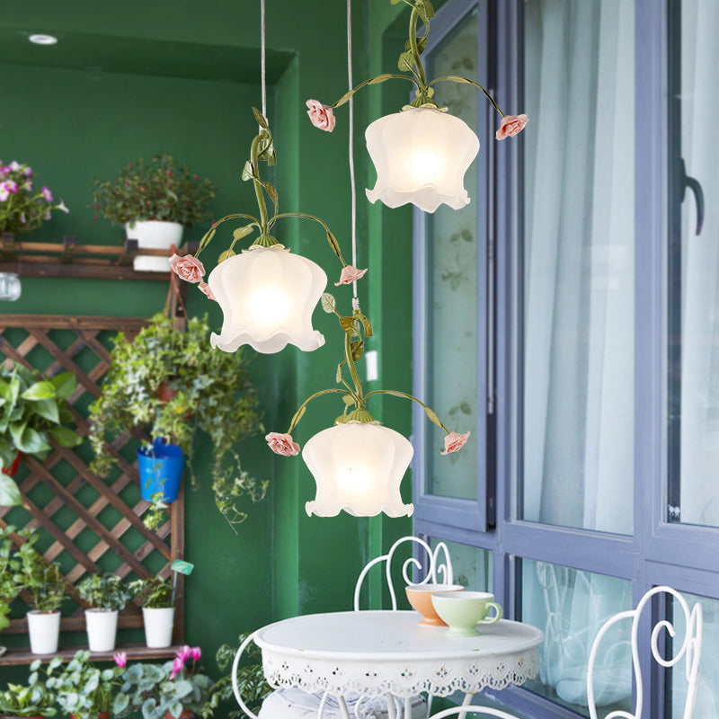 Milk Glass Scalloped Multi Light Pendant Pastoral 3 Bulbs Restaurant Suspension Lighting Fixture in Green with Round/Linear Canopy Clearhalo 'Ceiling Lights' 'Close To Ceiling Lights' 'Glass shade' 'Glass' 'Pendant Lights' 'Pendants' Lighting' 325613