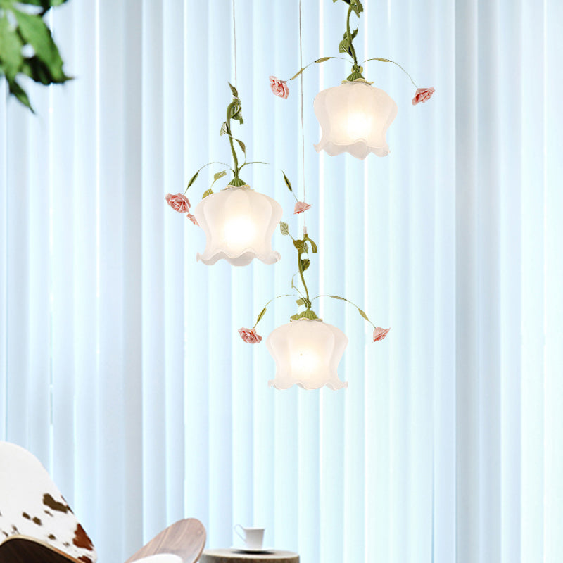 Milk Glass Scalloped Multi Light Pendant Pastoral 3 Bulbs Restaurant Suspension Lighting Fixture in Green with Round/Linear Canopy Clearhalo 'Ceiling Lights' 'Close To Ceiling Lights' 'Glass shade' 'Glass' 'Pendant Lights' 'Pendants' Lighting' 325614