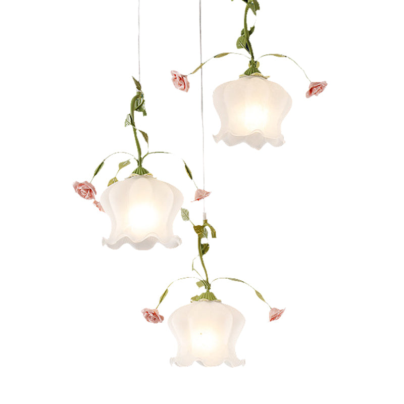 Milk Glass Scalloped Multi Light Pendant Pastoral 3 Bulbs Restaurant Suspension Lighting Fixture in Green with Round/Linear Canopy Clearhalo 'Ceiling Lights' 'Close To Ceiling Lights' 'Glass shade' 'Glass' 'Pendant Lights' 'Pendants' Lighting' 325615