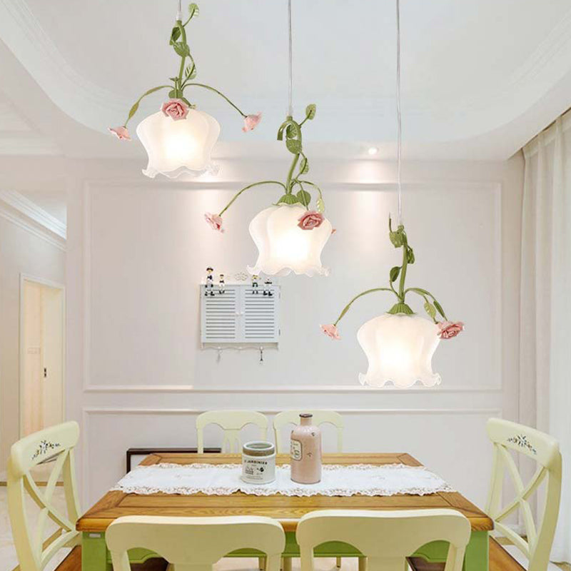 Milk Glass Scalloped Multi Light Pendant Pastoral 3 Bulbs Restaurant Suspension Lighting Fixture in Green with Round/Linear Canopy Green Linear Clearhalo 'Ceiling Lights' 'Close To Ceiling Lights' 'Glass shade' 'Glass' 'Pendant Lights' 'Pendants' Lighting' 325617