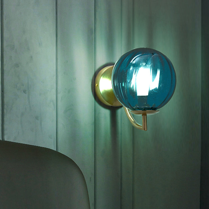 Sphere Wall Lighting Modernism Blue Ribbed Glass 1 Bulb Bedroom Sconce Light Fixture Blue Clearhalo 'Cast Iron' 'Glass' 'Industrial' 'Modern wall lights' 'Modern' 'Tiffany' 'Traditional wall lights' 'Wall Lamps & Sconces' 'Wall Lights' Lighting' 325621