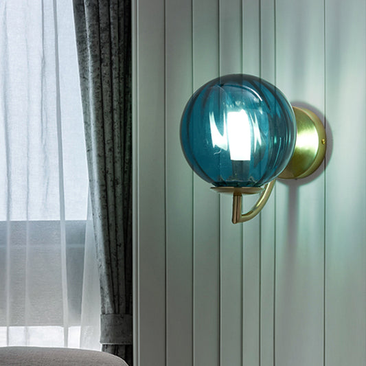 Sphere Wall Lighting Modernism Blue Ribbed Glass 1 Bulb Bedroom Sconce Light Fixture Clearhalo 'Cast Iron' 'Glass' 'Industrial' 'Modern wall lights' 'Modern' 'Tiffany' 'Traditional wall lights' 'Wall Lamps & Sconces' 'Wall Lights' Lighting' 325622