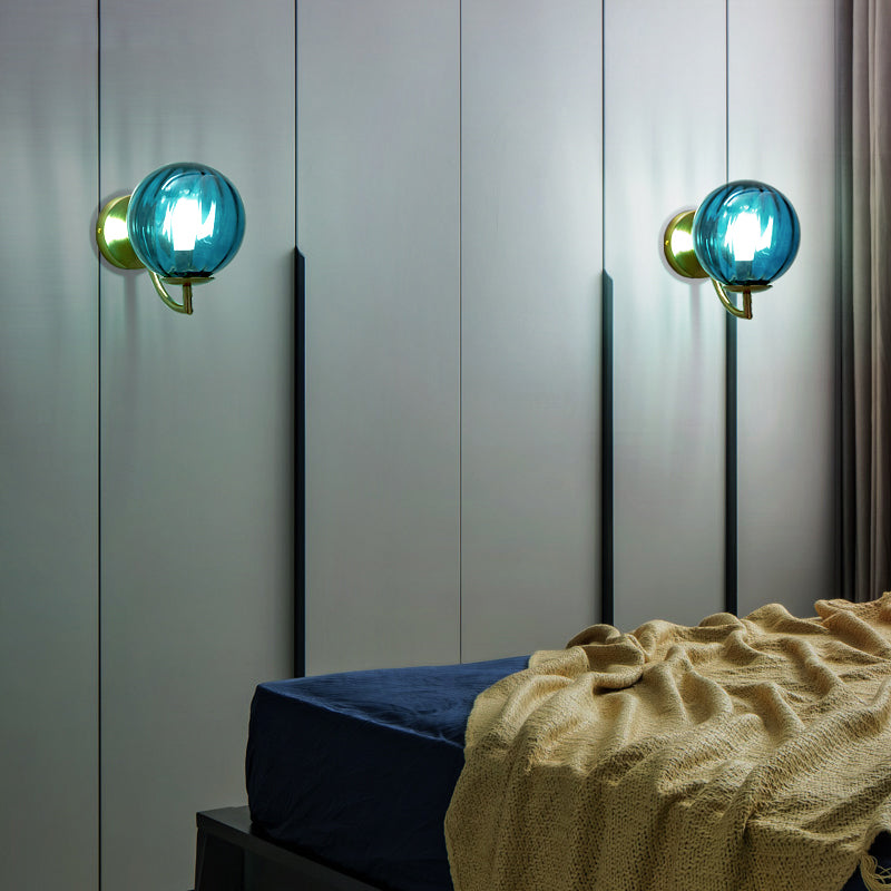 Sphere Wall Lighting Modernism Blue Ribbed Glass 1 Bulb Bedroom Sconce Light Fixture Clearhalo 'Cast Iron' 'Glass' 'Industrial' 'Modern wall lights' 'Modern' 'Tiffany' 'Traditional wall lights' 'Wall Lamps & Sconces' 'Wall Lights' Lighting' 325623