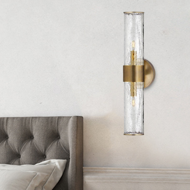 2 Bulbs Cylindrical Sconce Light Contemporary Crackle Glass Wall Mounted Lighting in Brass Brass Clearhalo 'Cast Iron' 'Glass' 'Industrial' 'Modern wall lights' 'Modern' 'Tiffany' 'Traditional wall lights' 'Wall Lamps & Sconces' 'Wall Lights' Lighting' 325639