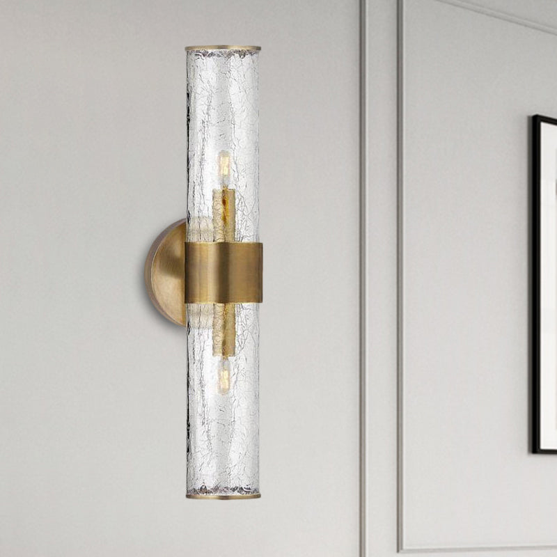 2 Bulbs Cylindrical Sconce Light Contemporary Crackle Glass Wall Mounted Lighting in Brass Clearhalo 'Cast Iron' 'Glass' 'Industrial' 'Modern wall lights' 'Modern' 'Tiffany' 'Traditional wall lights' 'Wall Lamps & Sconces' 'Wall Lights' Lighting' 325640