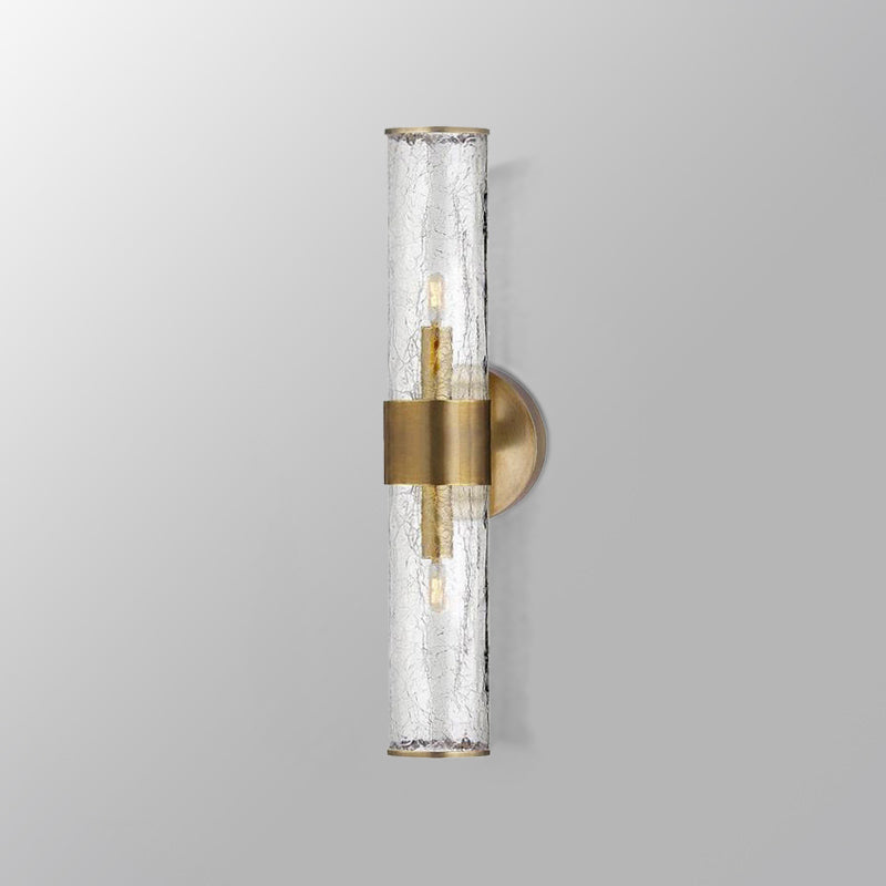 2 Bulbs Cylindrical Sconce Light Contemporary Crackle Glass Wall Mounted Lighting in Brass Clearhalo 'Cast Iron' 'Glass' 'Industrial' 'Modern wall lights' 'Modern' 'Tiffany' 'Traditional wall lights' 'Wall Lamps & Sconces' 'Wall Lights' Lighting' 325641