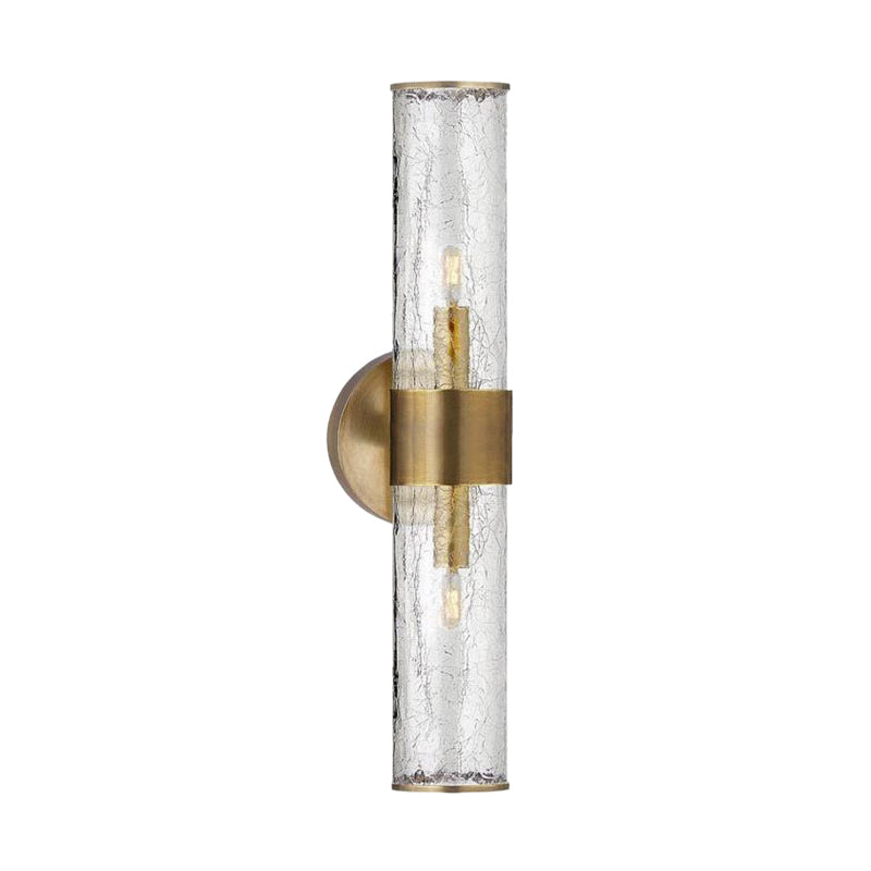 2 Bulbs Cylindrical Sconce Light Contemporary Crackle Glass Wall Mounted Lighting in Brass Clearhalo 'Cast Iron' 'Glass' 'Industrial' 'Modern wall lights' 'Modern' 'Tiffany' 'Traditional wall lights' 'Wall Lamps & Sconces' 'Wall Lights' Lighting' 325642