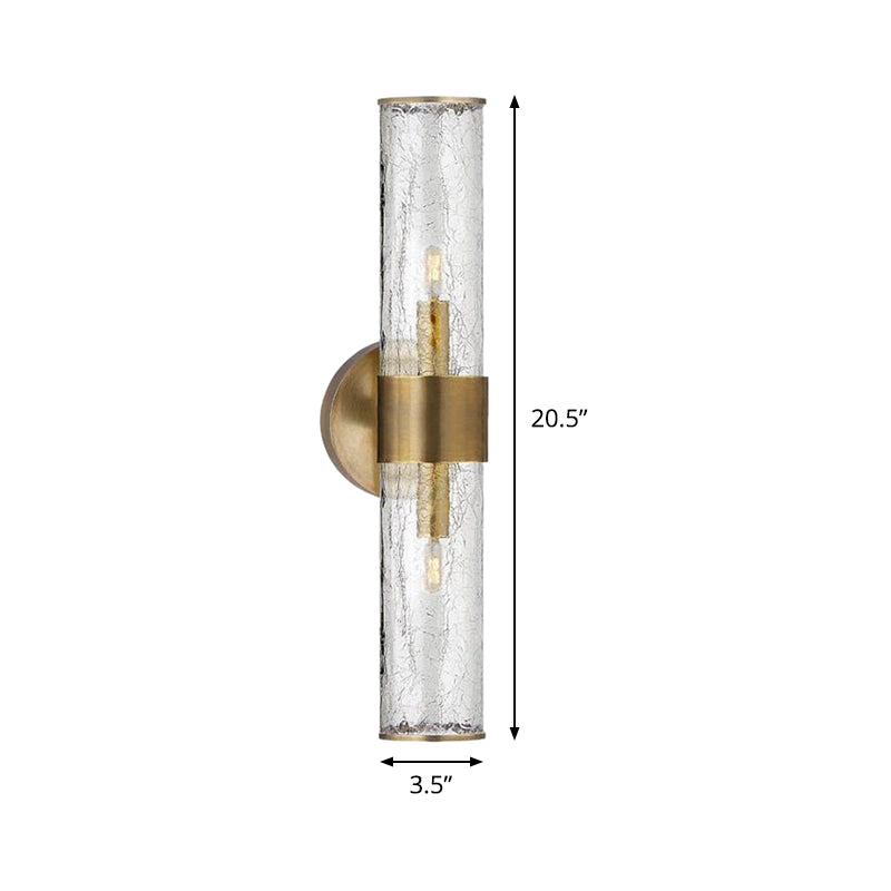 2 Bulbs Cylindrical Sconce Light Contemporary Crackle Glass Wall Mounted Lighting in Brass Clearhalo 'Cast Iron' 'Glass' 'Industrial' 'Modern wall lights' 'Modern' 'Tiffany' 'Traditional wall lights' 'Wall Lamps & Sconces' 'Wall Lights' Lighting' 325643