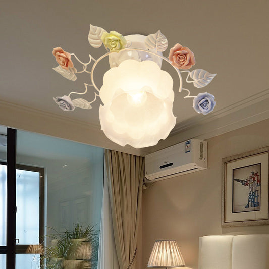 Ivory Glass Rose Ceiling Lighting Traditional 1 Head Bedroom Semi Flush Mount Light Fixture in White/Pink White Clearhalo 'Ceiling Lights' 'Close To Ceiling Lights' 'Close to ceiling' 'Glass shade' 'Glass' 'Semi-flushmount' Lighting' 325666