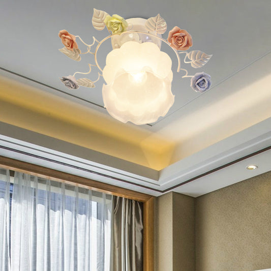 Ivory Glass Rose Ceiling Lighting Traditional 1 Head Bedroom Semi Flush Mount Light Fixture in White/Pink Clearhalo 'Ceiling Lights' 'Close To Ceiling Lights' 'Close to ceiling' 'Glass shade' 'Glass' 'Semi-flushmount' Lighting' 325668