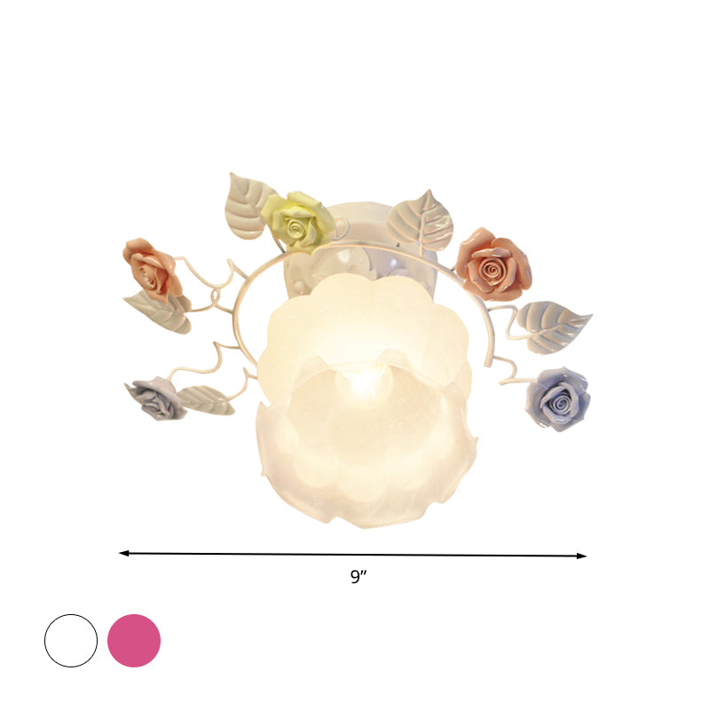 Ivory Glass Rose Ceiling Lighting Traditional 1 Head Bedroom Semi Flush Mount Light Fixture in White/Pink Clearhalo 'Ceiling Lights' 'Close To Ceiling Lights' 'Close to ceiling' 'Glass shade' 'Glass' 'Semi-flushmount' Lighting' 325670