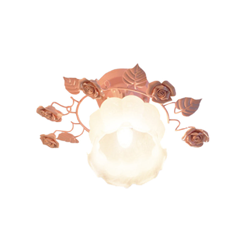 Ivory Glass Rose Ceiling Lighting Traditional 1 Head Bedroom Semi Flush Mount Light Fixture in White/Pink Clearhalo 'Ceiling Lights' 'Close To Ceiling Lights' 'Close to ceiling' 'Glass shade' 'Glass' 'Semi-flushmount' Lighting' 325672