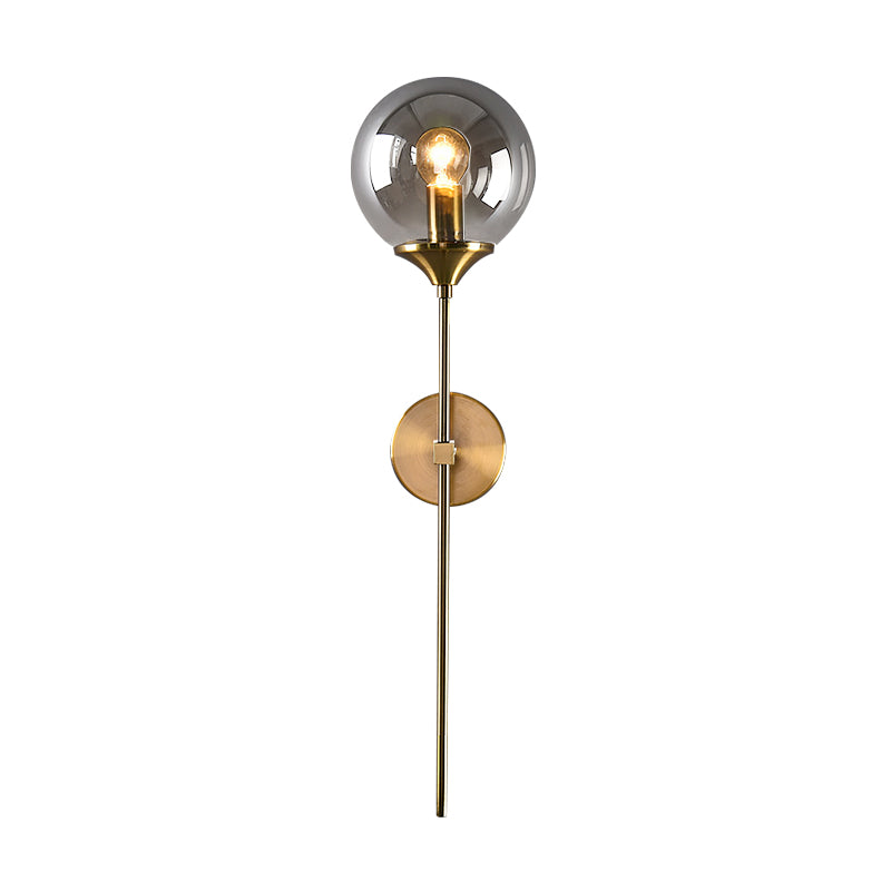 Modernist Round Wall Lamp Clear/Amber/Smoke Gray Glass 1 Bulb Bedside Sconce Light Fixture with Metal Pencil Arm - Clearhalo - 'Cast Iron' - 'Glass' - 'Industrial' - 'Modern wall lights' - 'Modern' - 'Tiffany' - 'Traditional wall lights' - 'Wall Lamps & Sconces' - 'Wall Lights' - Lighting' - 325681