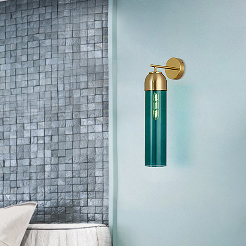 Modernist Tubular Sconce Cream/Green Glass 1 Head Living Room Wall Lighting Fixture with Metal Arm - Green - Clearhalo - 'Cast Iron' - 'Glass' - 'Industrial' - 'Modern wall lights' - 'Modern' - 'Tiffany' - 'Traditional wall lights' - 'Wall Lamps & Sconces' - 'Wall Lights' - Lighting' - 325701