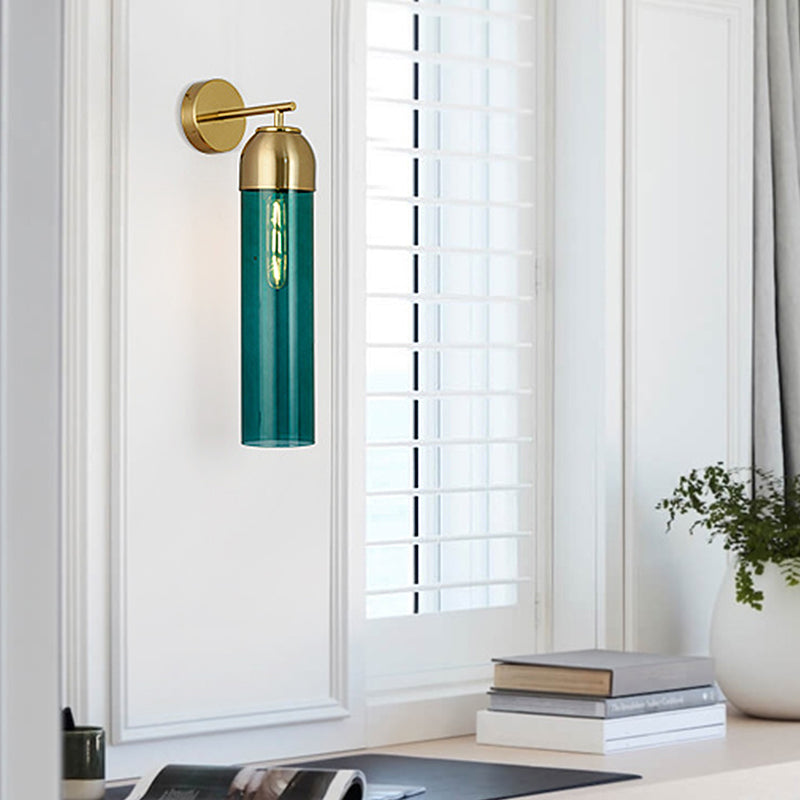 Modernist Tubular Sconce Cream/Green Glass 1 Head Living Room Wall Lighting Fixture with Metal Arm - Clearhalo - 'Cast Iron' - 'Glass' - 'Industrial' - 'Modern wall lights' - 'Modern' - 'Tiffany' - 'Traditional wall lights' - 'Wall Lamps & Sconces' - 'Wall Lights' - Lighting' - 325702