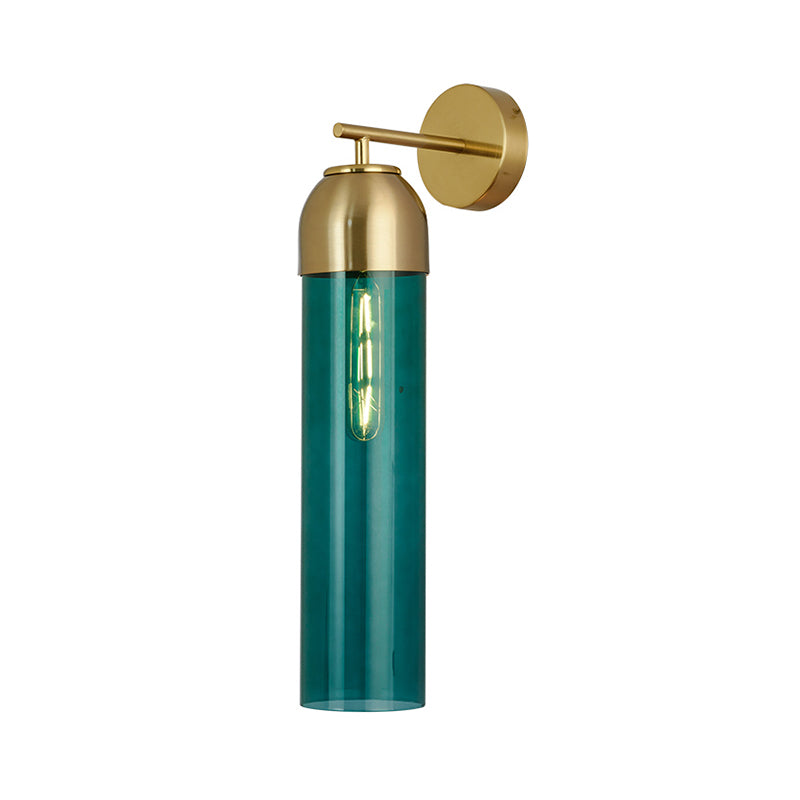 Modernist Tubular Sconce Cream/Green Glass 1 Head Living Room Wall Lighting Fixture with Metal Arm - Clearhalo - 'Cast Iron' - 'Glass' - 'Industrial' - 'Modern wall lights' - 'Modern' - 'Tiffany' - 'Traditional wall lights' - 'Wall Lamps & Sconces' - 'Wall Lights' - Lighting' - 325704