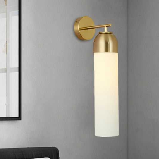 Modernist Tubular Sconce Cream/Green Glass 1 Head Living Room Wall Lighting Fixture with Metal Arm Cream Clearhalo 'Cast Iron' 'Glass' 'Industrial' 'Modern wall lights' 'Modern' 'Tiffany' 'Traditional wall lights' 'Wall Lamps & Sconces' 'Wall Lights' Lighting' 325706