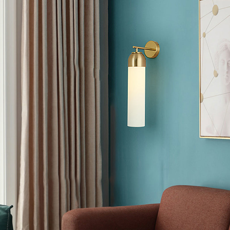Modernist Tubular Sconce Cream/Green Glass 1 Head Living Room Wall Lighting Fixture with Metal Arm Clearhalo 'Cast Iron' 'Glass' 'Industrial' 'Modern wall lights' 'Modern' 'Tiffany' 'Traditional wall lights' 'Wall Lamps & Sconces' 'Wall Lights' Lighting' 325707